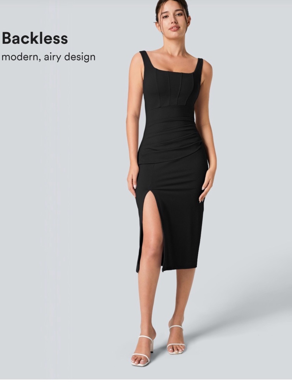 HALARA Black Square-Neck Midi Dress with Side Slit